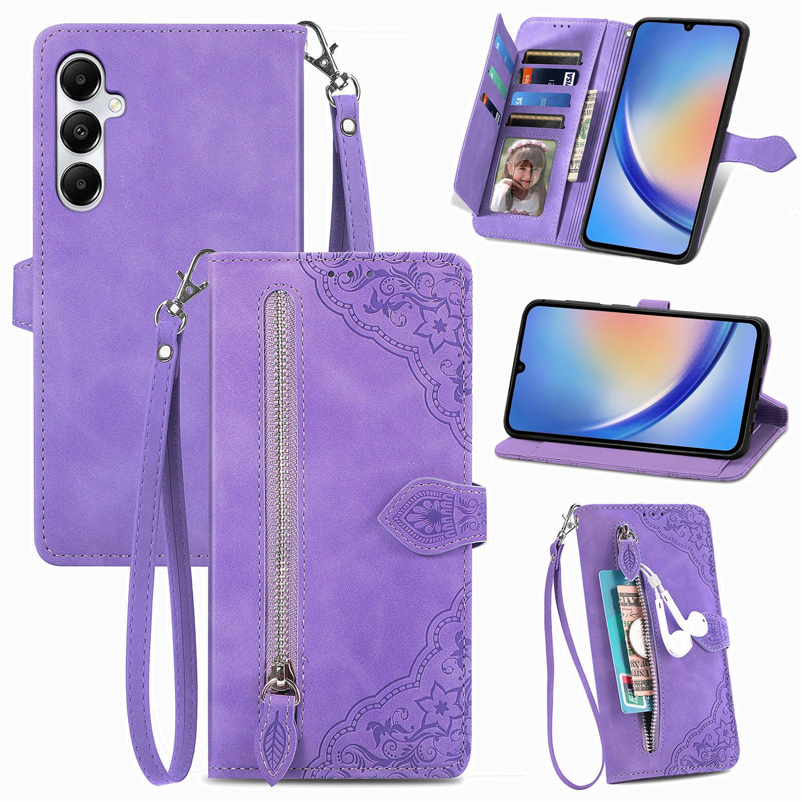 For Samsung Galaxy A55 5G Phone Case Flower Imprinted Protective Leather Flip Cover For Samsung Galaxy A55 5G Phone Case Flower Imprinted Protective Leather Flip Cover